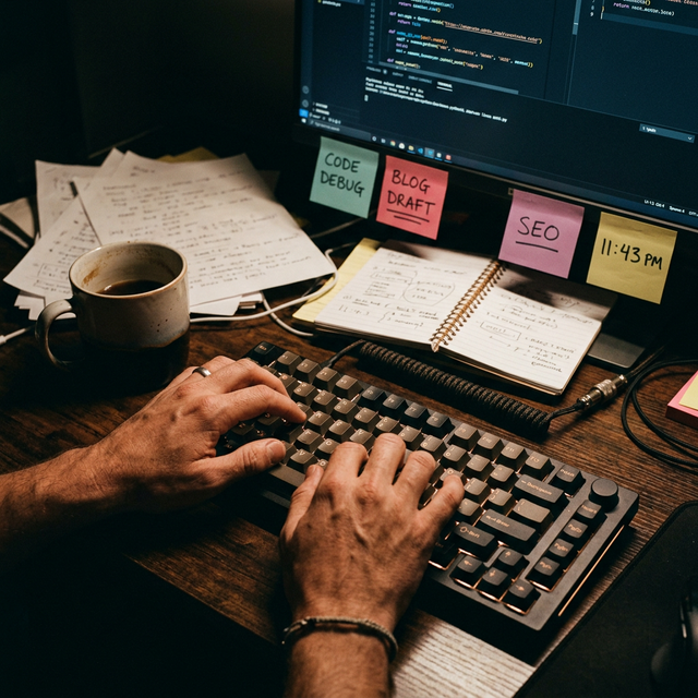 늦은 밤 기계식 키보드로 글을 쓰는 장면