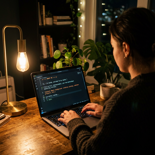 밤에 노트북 앞에 앉아 블로그 About 페이지를 작성하는 모습